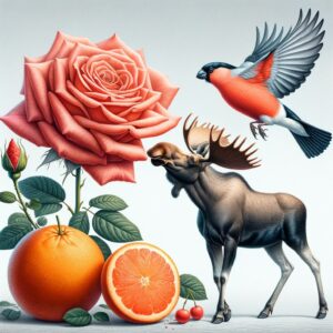 bilde av en elg, en dompap, en appelsin og en rose