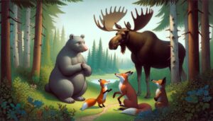 tegning av elg, bjørn og tre rever i en skog