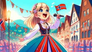 tegning av jente som vifter med norsk flagg