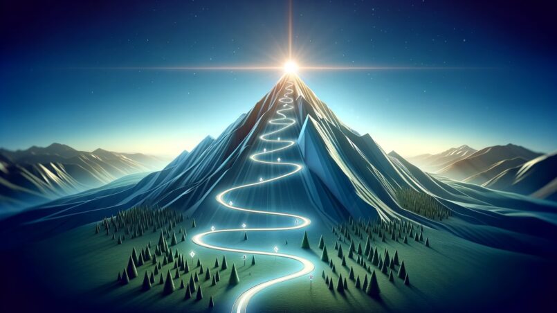 vei som går opp et fjell med et lys på toppen